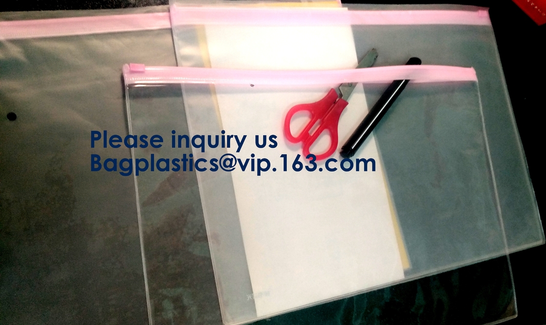 La cremallera del fichero de documento empaqueta con el resbalador Pen Pencil Packaging Bags inmóvil, PVC claro F de la suspensión de gancho de las carpetas de la cremallera del verde de la oficina
