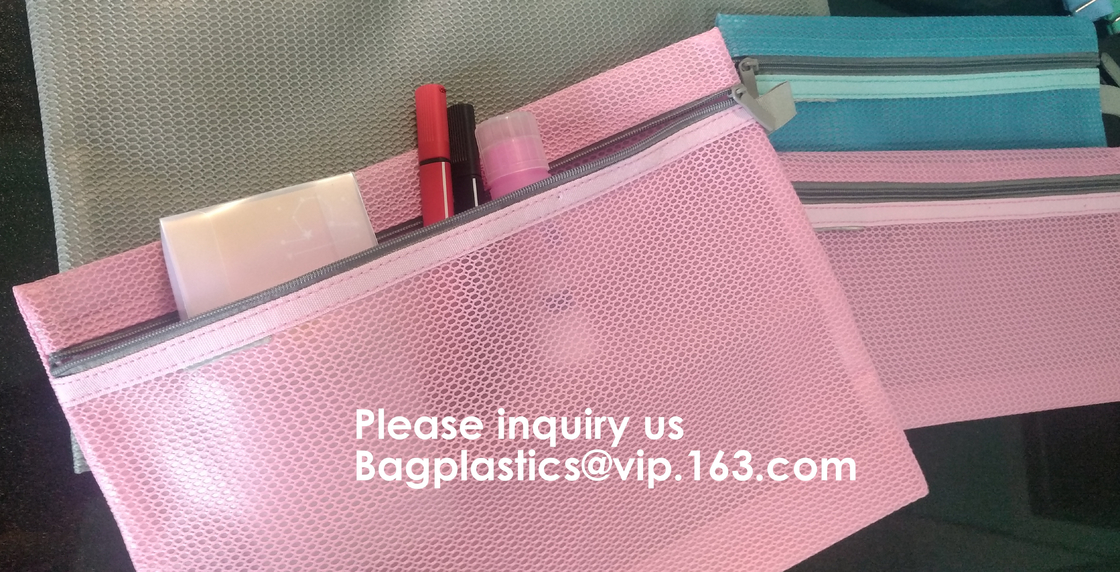 Logo Size Toiletry Storage File de encargo Mesh Zipper Bag de nylon, bolso del archivo zip del bolso de la malla del documento para las oficinas Suppli de los cosméticos