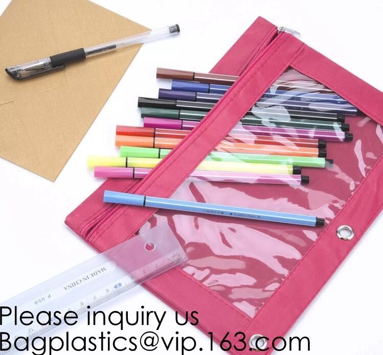 Los productos de los efectos de escritorio dibujan a lápiz la caja de lápiz portátil del Pvc de la bolsa para los estudiantes, 3 Ring Binder Zippered Pencil Pouches con claro