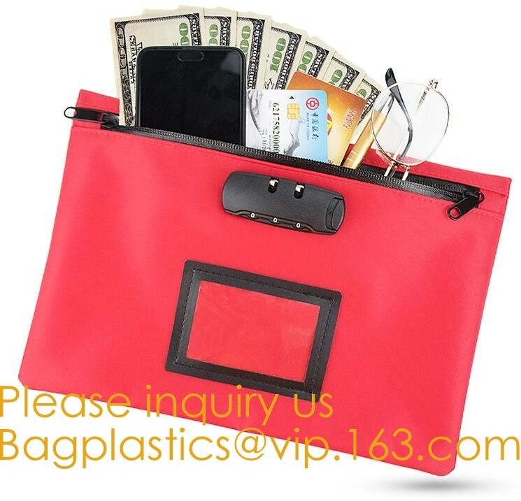 Bolso del depósito de seguridad del dinero de la piel sintética con la ventana de la identidad capítulo, vagos de cuero del depósito de las bolsas de la PU de la cremallera del bolso de encargo de la carpeta de archivos
