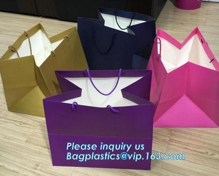 Compras al por menor de lujo modificadas para requisitos particulares laminadas que empaquetan las bolsas de papel de la hoja de Logo Gold para la ropa/ropa con el arco de la cinta