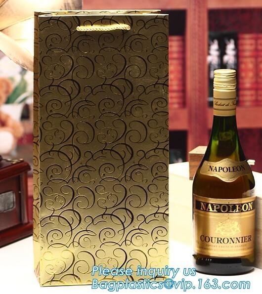 la bolsa de papel del vino con las manijas, bolsas de papel brillantes de lujo del regalo de la botella de vino, bolsa de papel del regalo del vino del oro con las manijas de la cinta embala