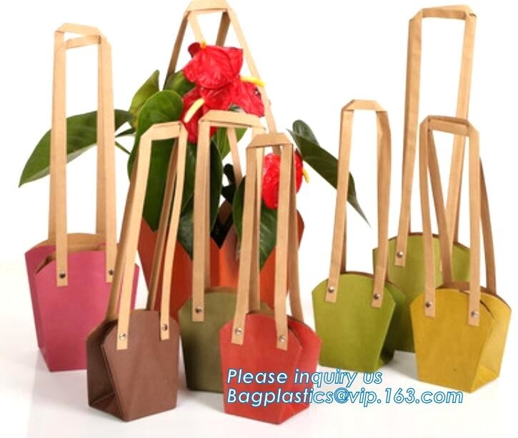 bolso marrón barato de la manija del bolso de la flor de papel de la bolsa de la flor, bageas portátiles de la bolsa de papel que embala del regalo del portador de la flor del ramo