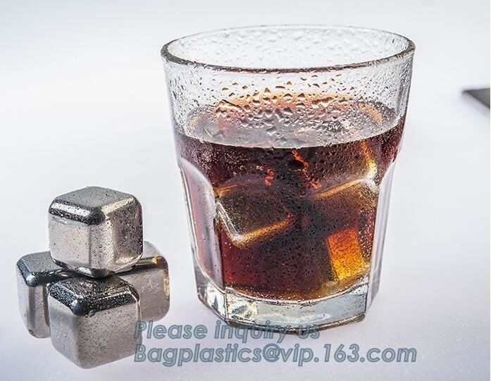 sistema de piedra de refrigeración del cubo de hielo de la caja plástica 4pcs/set, accesorios de acero inoxidables de la barra de la piedra del whisky del cubo de hielo del FDA LFGB, bageas