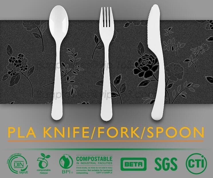 sistema biodegradable y abonable de los cubiertos del PLA, sistema de los cubiertos de la comida, cuchara biodegradable de la bifurcación del cuchillo de los cubiertos