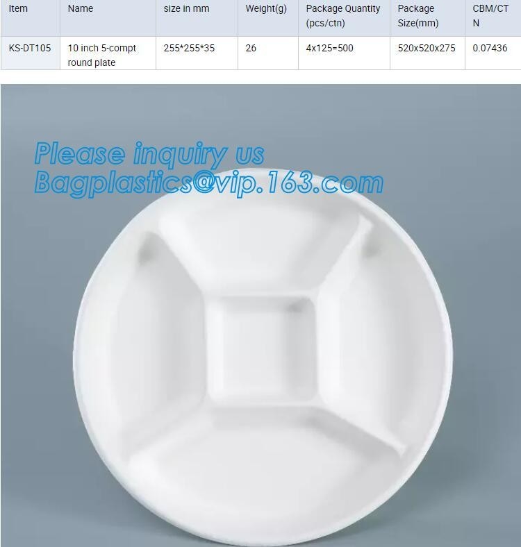 Bandeja amistosa de la exhibición de las placas del bagazo de la caña de azúcar de Eco, 5 placas disponibles de la pulpa de la caña de azúcar de los compartimientos con la tapa, bagplastics