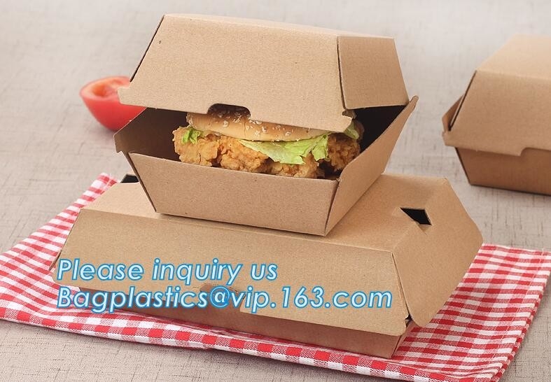 Acondicionamiento de los alimentos de encargo de papel amistoso de la caja para llevar de Eco Kraft con la manija, caja de la hamburguesa del embalaje del papel de categoría alimenticia, bagease pac