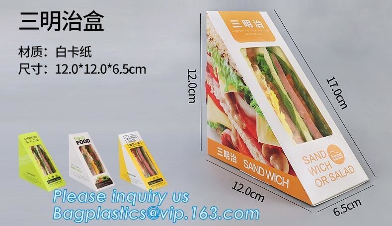 caja con la ventana, caja para empaquetar, caja del bocadillo del papel de Kraft del bocadillo del triángulo de cartón con la hamburguesa clara Sandwic de la ventana