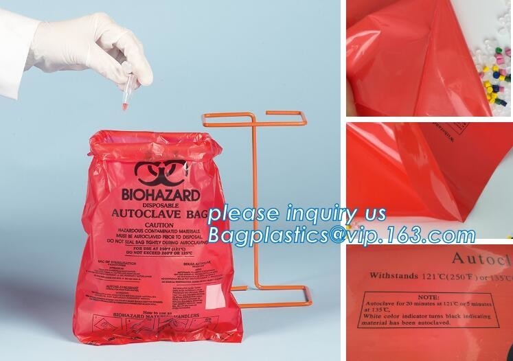 Trazador de líneas de cubo de basura inútil infeccioso del biohazard plástico, bolsos del Biohazard de la autoclave, bioha de alta densidad del bolso de basura del lazo del PE