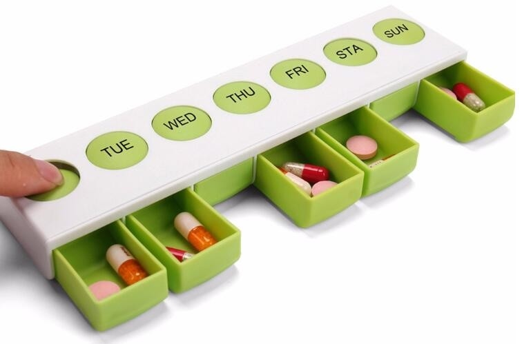 Caja única semanal de la medicina del botón de la primavera del diseño, caja de almacenamiento plástica mensual de la medicina para 31 día, caso, caja, contai